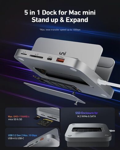 uni Mac Mini Dock, 5-in-1 Hub Stand 10Gbps Super Fast SSD Enclosure[Aluminum Vertical], USB 3.2 USB-C & USB-A, Micro SD & SD Card Reader Compatible with M.2 NVMe/SATA(Not Included) in Saudi Arabia