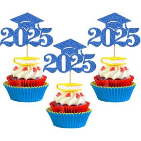 Graduation Decorations 2025-24Pcs Gold Glitter 2025 Graduation Cap Cupcake Toppers for Class of 2025 Party Decorations