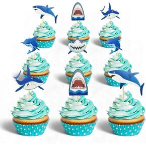 30 PCS Shark Cake Toppers Happy Birthday Cake Toppers ، Shark Cupcake Topcake Topcake Shark Thark Decoration ،
