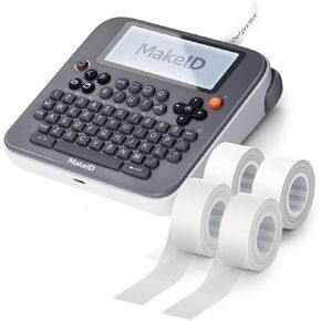 Makeid E1 Portable Label Maker - Bluetooth Compatible Thermal Printer - QWERTY Keyboard, 4.42" LCD Screen - Prints 9mm, 12mm, 16mm Clear Waterproof Sticker Labels - Includes USB Cable