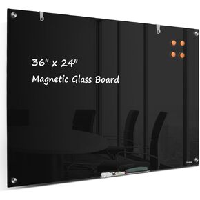 Dry Erase Board Black Magnetic Glass Whiteboard, TANKEE Modern Large Frameless Tempered Glass White Board for Wall, Office, School, Home, 36" x 24", 3' x 2' White Board
