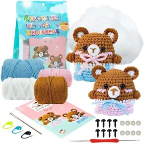 Crochet for Beginner ، Bear 2 Pack Beginner Crochet مع تعليمي فيديو خطوة بخطوة ، وبطاقات مصورة أكثر ملاءمة ، مناسبة للبالغين والأطفال