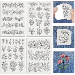 Acrnigheet 4 Sheets Plant Plant Patterns Termbroidery Terbroidery Stabilizer Stabilizer Water Divilizer لعصا التطريز وورق التطريز لمحبي الخياطة اليدوية للتطريز