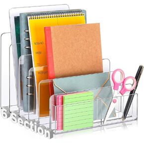 6 Section Acrylic File Organizer for Desk Clear File Holder 6 Compartment Vertical Office Desk Organizer Mail Organizer Countertop for Magazine, File, Letter, Book, Pen