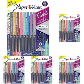 Paper Mate Flair Pens ، أقلام الطرف المعدنية ، مصابيح المدينة ، حبر لامع على الورق الأبيض ، ألوان متنوعة ، 8 عدد (حزمة 5)