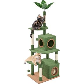 Yaheetech 59in Tree Cat للقطط الداخلية مع الأوراق الخضراء ، برج قط كبير متعدد المستويات مع منصة واسعة ، وظائف خدش القط ، شقة القط مزدوجة ، كرات رقيقة للقطط كيتي