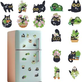 Gamteldot 16Pcs Diamond Art Magnets Kits-5D Rhinestone Gem Art for Adults Beginners,DIY Diamond Painting Kits with The Completed Tools,Cute Refrigerator Sticker Craft for Home Decor Gift - Black Cat