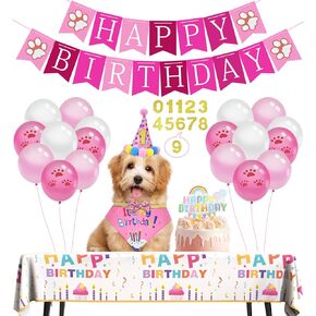 Niura Dog Birthday Party Supplies - Pet Hat, Bandana Scarf, Cute Bow Tie, Happy Birthday Banner, Paw Balloons, Numbers - Doggie Birthday Party Decorations for Small & Medium Dog's - Pink