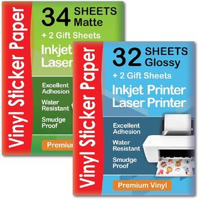 Premium Printable Vinyl Sticker Paper Matte for Inkjet Printer 34 Sheets + Premium Print Finys Paper Paper Glossy for Inkjet Printer 32 Sheets for DIY Projects | بواسطة Agodeo