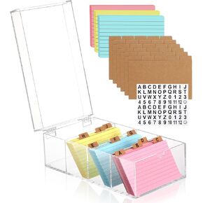 3 × 5 بوصة حامل بطاقة الاكريليك الفهرس Clear Clear Card Card منظم البطاقة مع 150 بطاقات فهرس مبطنة محكم 30 ملصقات Kraft A-Z 4 مقسم للعقد