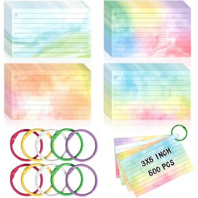 1000 PCS Colored Index Cards with Hole Lined Flash Cards with Binder Rings Watercolor Notecards with Rings 3x5 Study Cards Flashcards for Home School Office Supplies