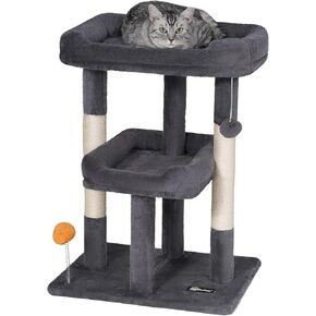 FourFurPets Cat Tree, 27in Cat Tower, Cat Condo for Kittens, Large Cat Perch, Cat Caves, Cat Basket, Sisal Scratching Board, Smoky Gray
