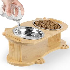 Upgraded Elevated Cat Bowls - 15°Tilted Stand Anti Vomiting Raised Cat Dishes for Food and Water, 2 Stainless Steel Bowls for Cats and Puppy, Bamboo Stand and Anti Vomit Feeding Station
