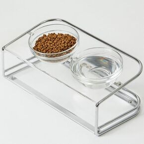 Elevated Cat and Dog Bowls Stand - Acrylic Glass Food and Water Bowls with Non-Slip Base - Silver Frame - MK2061A