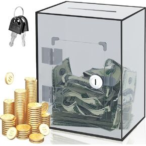 Acrylic Piggy Bank, Clear Money Saving Box with Key, Adults & Kids Savings Jar