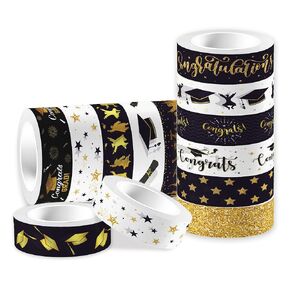 12 PCS تخرج أشرطة Washi تعيين رقائق الذهب تهنئة نمط تخريج شريط التخرج شريط الزخرفة أسود ، أبيض ، ذهبي ، ديكور ل DIY ، مخطط ، سكرابوكينغ ، والديكور الحفلات