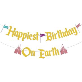 Happiest Birthday On Earth Banner - Castle Theme Bday Banner, Funny Princess Castle Birthday Party Decorations Gold Glitter