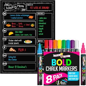 CHALKY CROWN Magnetic Dry Erase Menu Board for Fridge Weekly Meal Planner Blackboard & Bold Liquid Chalk Markers (8 Pack) - Dry Erase Marker Pens for Chalkboards, Signs, Windows, Glass, Mirrors & more
