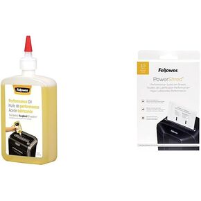 Fellowes Powershred Performance Shredder Oil, 12 oz. & Powershred Performance Paper Shredder Lubricant Sheets, 6 x 8.50 x 0.031 Inch, 10-Pack