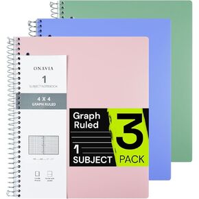 Spiral Notebook for School 3 Pack, 1 Subject, 4x4 Graph Ruled Paper, 100 Sheets, 9" x 11", 1 Divider with Pocket, 3 Hole Punched, Plastic Cover, 1/4" Grid Graphing Note Book Bulk, Red