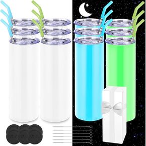 Fastsub 24 Pack Sublimation Tumblers 20 Oz Blank Brank Brank Congous Luminous Cups توهج في الفراغ الداكن المزدوج المستقيم معزول مع الأغطية والقش للبهلوان الحراري الصحافة الوهج الأزرق