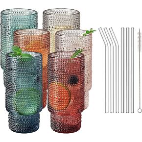 Khen Colored Vintage Art Deco Glasses - Martini, Margarita, Cocktail & Champagne Ribbed Glasses | مجموعة من 6 | كوكتيلات الباستيل الكريستالية اللطيفة ، والأواني الزجاجية ، هدية جذرية للأواني الزجاجية - كوبيه حديثة 9.6 أوقية