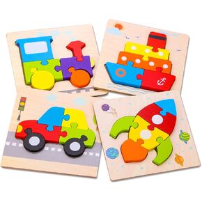 Skyfield Wooden Motion Buzzles for 1 2 2 3 سنوات من الأولاد والبنات ، هدية لعبة تعليمية مع 4 مركبات مونتيسوري ، أشكال ملونة نابضة بالحياة مشرقة