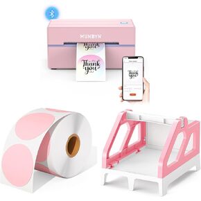 MUNBYN 130B Bluetooth Thermal Label Printer+2 Inch Pink Circle Thermal Sticker Labels+Pink Label Holder
