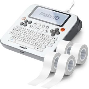Makeid E1 White Label Maker with 4 Continuous Tapes 16mm White, Bluetooth Compatible Thermal Printer - QWERTY Keyboard, 4.42" LCD Screen - Prints 9mm, 12mm, 16mm Clear Waterproof Labels