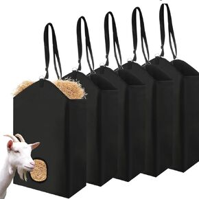 5 PCS Slow Feed Hay Bag for Horses 600D Oxford Cloth Goat Hay Feeder with Metal Ring and Adjustable Strap Black Horse Feed Bag for Slow Feeding Open-Feed Hole Goat Hay Bags for Goats