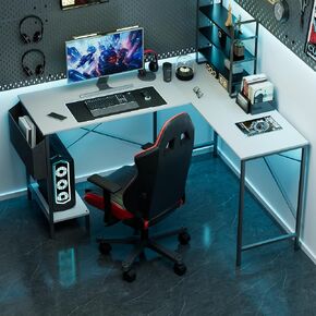 L Shaped Desk - 50" Reversible Home Office Computer Desk, Wood Top, Metal Frame, Side Bag, Sturdy Gaming Desk Corner Table for Work, Writing and Study, Space-Saving