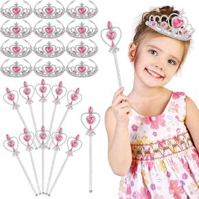 Lenwen 24 PCS Princess Dress Up Accessories Crown Tiara and Wand مجموعة 12 PCS Princess Wand و 12 PCS البلاستيك Crown Tiara for Little Girls Kids Toddler Party Gifts ، Pink