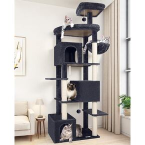 S80 Large Cat Tree Tower for Indoor Cats, Sturdy Heavy Duty Cat Condo with 3 Spacious Cat Houses, Oversized Top Perch and 6 Full Sisal Posts, Modern Cat Furniture for Large Cats, Dark Grey