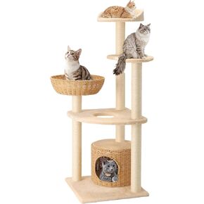Tall Heavy Duty Rattan Cat Tree Hammock with Scratching Post,Basket,Bed,and Stand Modern Cat Climbing Tower Condo for Indoor Large Adult Cat in Kuwait