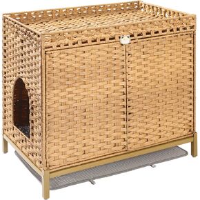 قطة القمامة مربع العلبة منزل القطط مع أقدام معدنية ارتفاع 30.3 × 18.3 × 28 بوصة ، راتان منسوف يدويا الأثاث القمامة المخفية مع حصيرة القمامة للحيوانات الأليفة لغرفة النوم وغرفة المعيشة الطبيعية