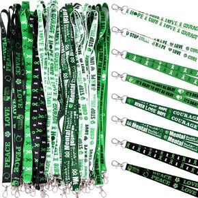 48 Pcs Mental Health Awareness Lanyard Green Ribbon Lanyards Green Ribbon Awareness Cancer Neck Lanyard with Badge Clip for Men Women ID Badges Keychain Phone Bag