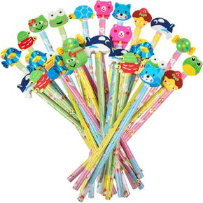 DIYASY 50 PCS أقلام الرصاص اللطيفة مع القبعات العليا للممحاة ، والكرتون Wood Pencil Pencil Party Party Supplies Supplies Rights Awards Stationery for Kids