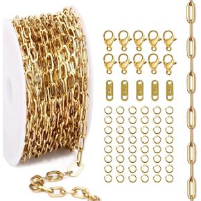 16.4Ft Paperclip Chains Rolls, Charm Necklace Chain 3.2mm Width，Silver Necklace Chain for Jewelry Making，Plated Charm Bracelet Making kit with 10 Lobster Clasps and 60 Jump Rings