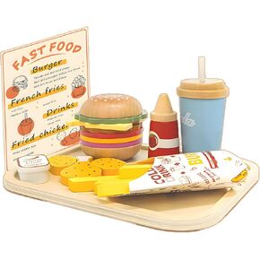 Wooden Play Food Set Toy for Play Kitchen, Toddlers Pretend Play Kitchen Accessories, Wooden Play Fast Food Hamburger, French Fries Set Educational Toys Gift for Kids Boys Girls