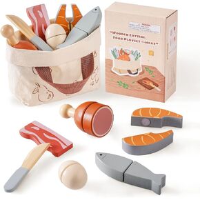 Robotime Wooden Play Food Cutting Meat & Eggs Tet ، Play Play Toy Food for Play Kitchen مع حقيبة التسوق - إكسسوارات Kids Kitchen ، ألعاب الطعام الخشبية للبنين والبنات