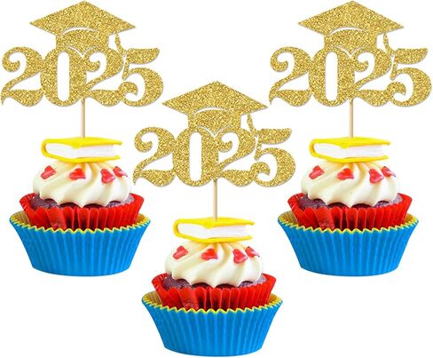 Graduation Decorations 2025-24Pcs Gold Glitter 2025 Graduation Cap Cupcake Toppers for Class of 2025 Party Decorations in Saudi Arabia