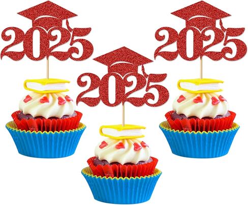 Graduation Decorations 2025-24Pcs Gold Glitter 2025 Graduation Cap Cupcake Toppers for Class of 2025 Party Decorations in Saudi Arabia