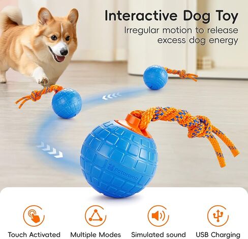Potaroma Interactive Dog Ball Toys Touch Activated, Rechargeable Animal Sound Dog Toy, Durable Moving Ball for Pup with Chewing Rope for Dogs Puppy, Blue in Kuwait