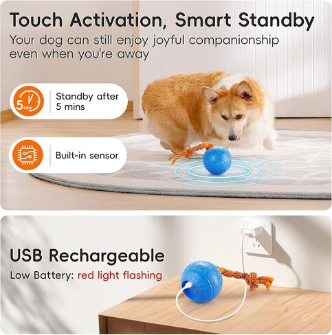 Potaroma Interactive Dog Ball Toys Touch Activated, Rechargeable Animal Sound Dog Toy, Durable Moving Ball for Pup with Chewing Rope for Dogs Puppy, Blue in Kuwait