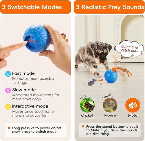 Potaroma Interactive Dog Ball Toys Touch Activated, Rechargeable Animal Sound Dog Toy, Durable Moving Ball for Pup with Chewing Rope for Dogs Puppy, Blue in Kuwait