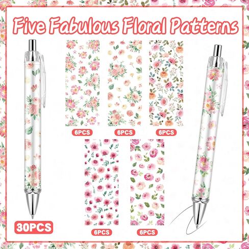 30 PCS Pink Floral Pens Flower Ballpoint Pens 0.5 mm Rollerball Tip Cute Fashionable Retractable Ballpoint Pen for Office Supplies Black Ink, Medium Point (Pink Flower, 30) in Kuwait