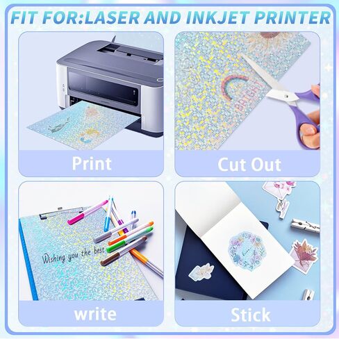 20 Sheets Printable Holographic Sticker Paper,11.7 x 8.3 Inches Printable Waterproof Paper Rainbow Vinyl Sticker Paper for Inkjet or Laser Printer（Laser straw pattern） in Saudi Arabia