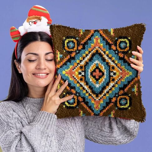 DL-YTG Latch Hook Kits Pillow Flower Crochet Yarn Cushion Colour Pre-Printed Canvas Rug Needlework DIY Pillowcase Hook and Latch Kit Christmas Home Arts Crafts Sofa Decoration 42x42cm/17 X17 in Kuwait