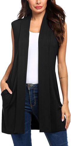 Beyove Womens Long Vests Sleeveless Draped Lightweight Open Front Cardigan Layering Vest with Side Pockets in Kuwait