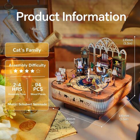 Tonecheer Wooden Music Box Puzzle for Adults,DIY Rotating Music Box Kit 3D Creative Musical Puzzle Crafts Model Building Kits Desk Decor for Teens Kids Birthday Gift (Cats Family) in Kuwait